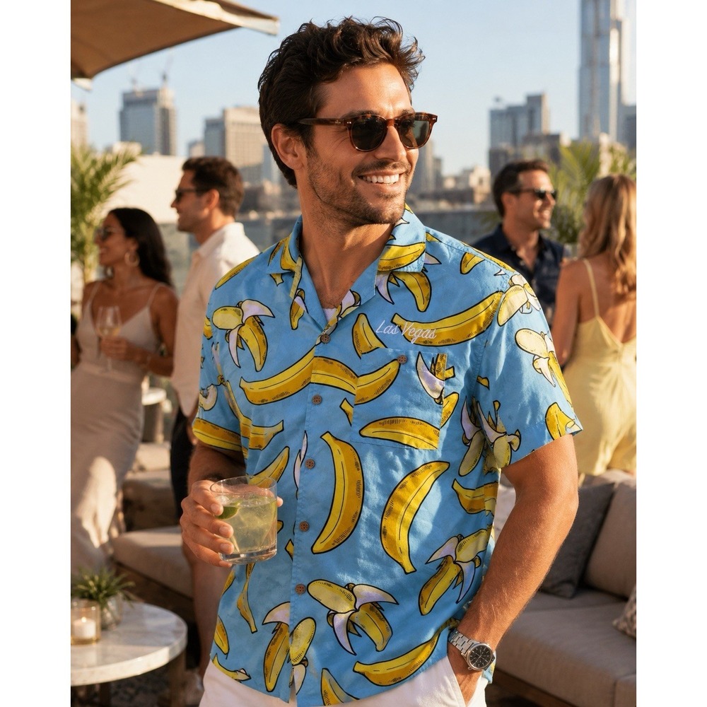 UZZI Amphibious Gear Men Hawaiian Shirt Las Vegas Banana Short Sleeve Sz L Funny